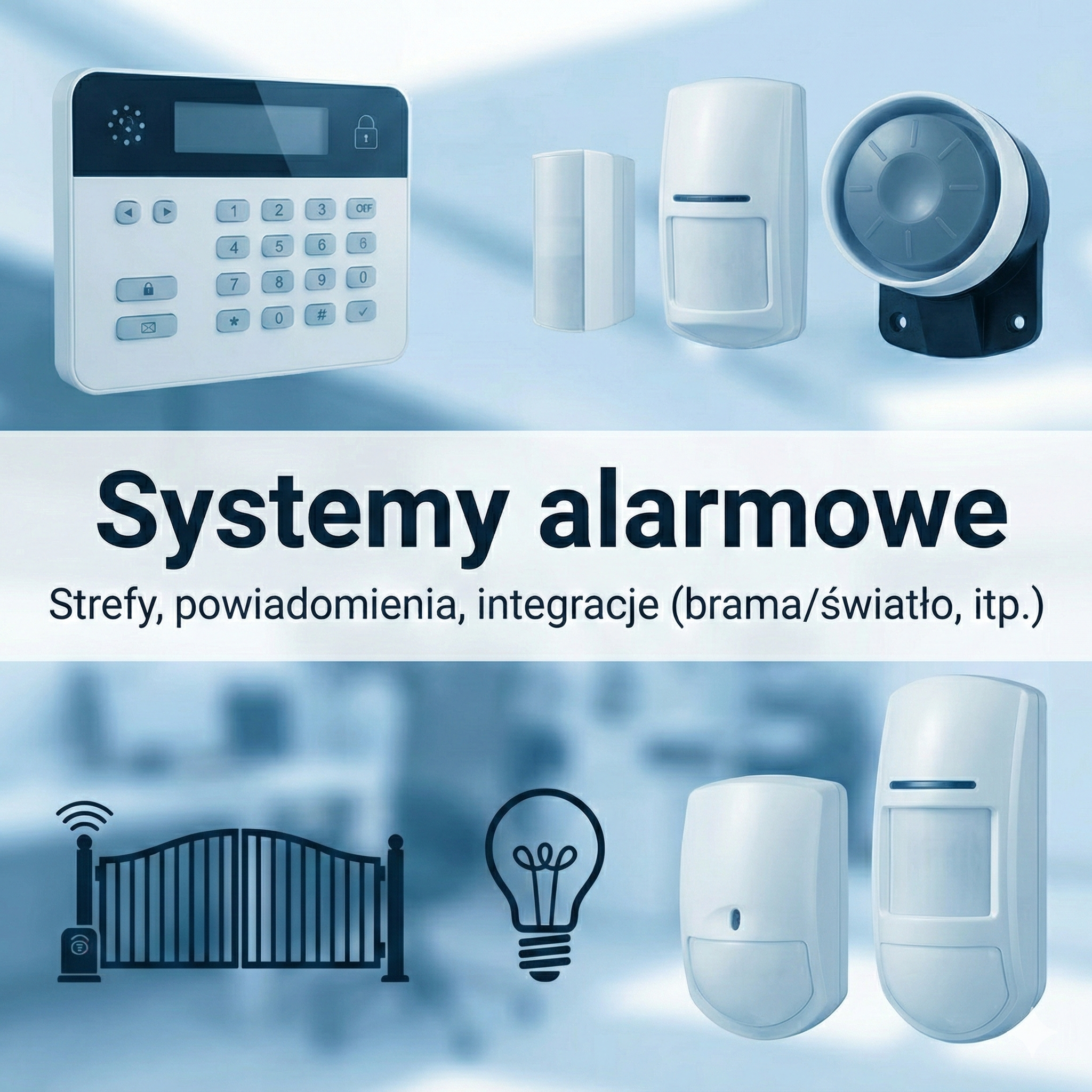 Elementy systemu sygnalizacji włamania i napadu (SSWiN) Klawiatura kodowa, wewnętrzne i zewnętrzne czujniki ruchu PIR oraz zewnętrzna syrena alarmowa – kompletny zestaw zabezpieczeń