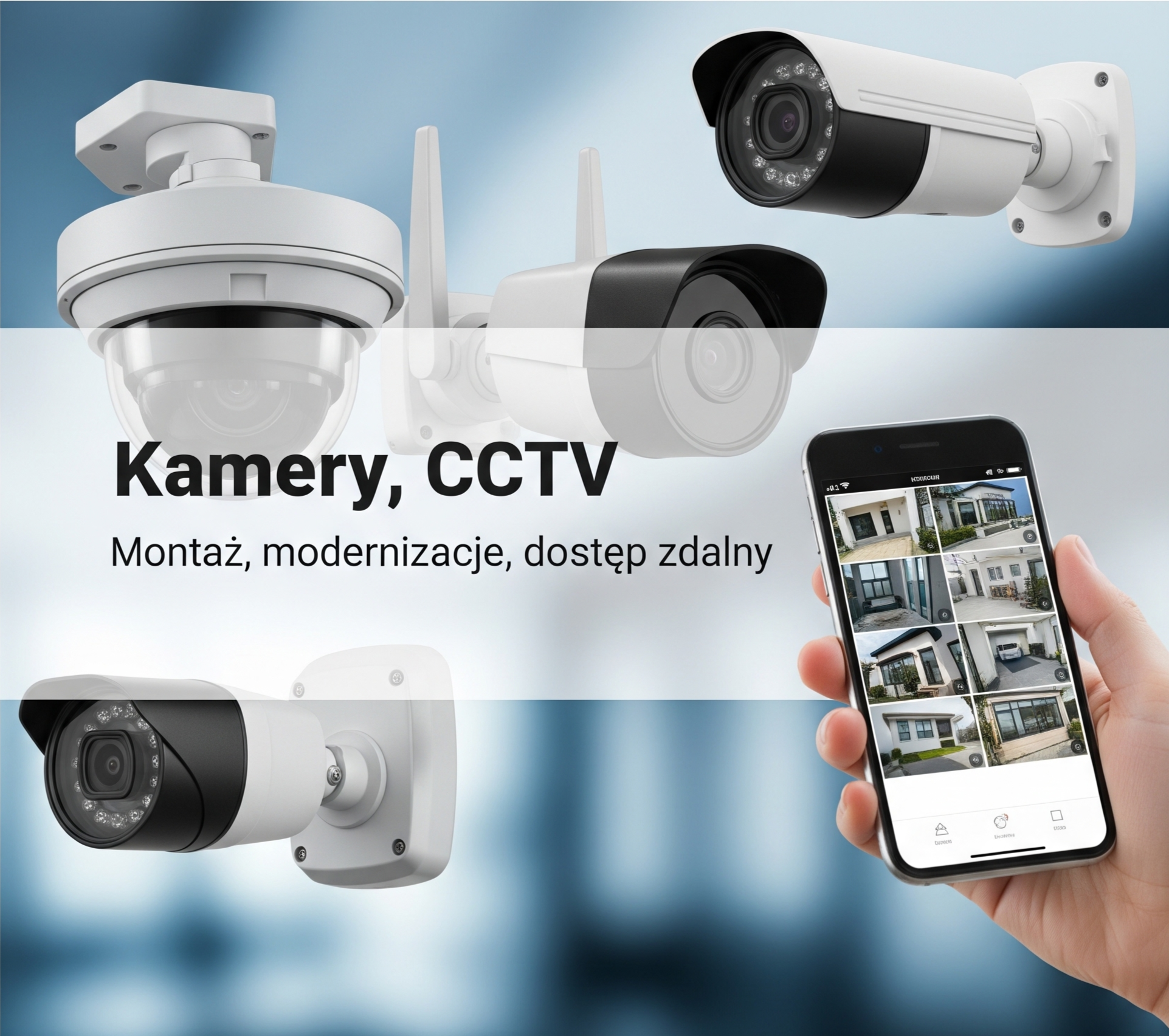 Profesjonalny montaż systemów monitoringu CCTV Zestaw nowoczesnych kamer przemysłowych (typu bullet i dome) oraz smartfon z aplikacją do zdalnego podglądu obrazu na żywo