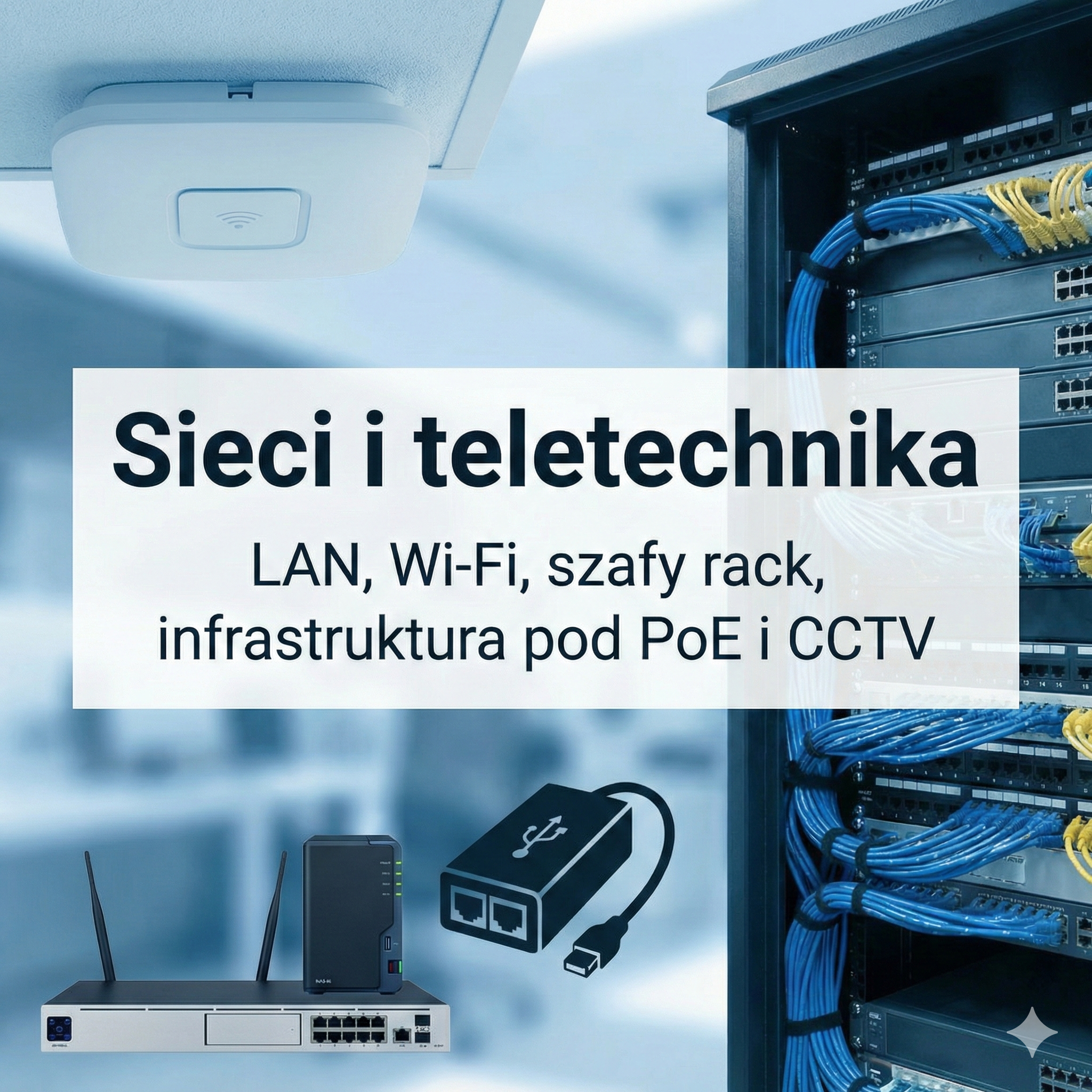 Wydajne sieci LAN i profesjonalne systemy Wi-Fi Instalacja teletechniczna obejmująca szafę krosową, bezprzewodowy Access Point, zasilanie PoE oraz dysk sieciowy NAS do backupu danych